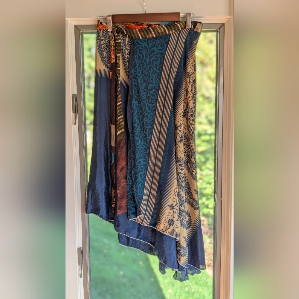 Asymetric Ankle Length Reversible Sari Silk Wrap Skirt Size 4-12 Multicolor - Picture 2 of 7
